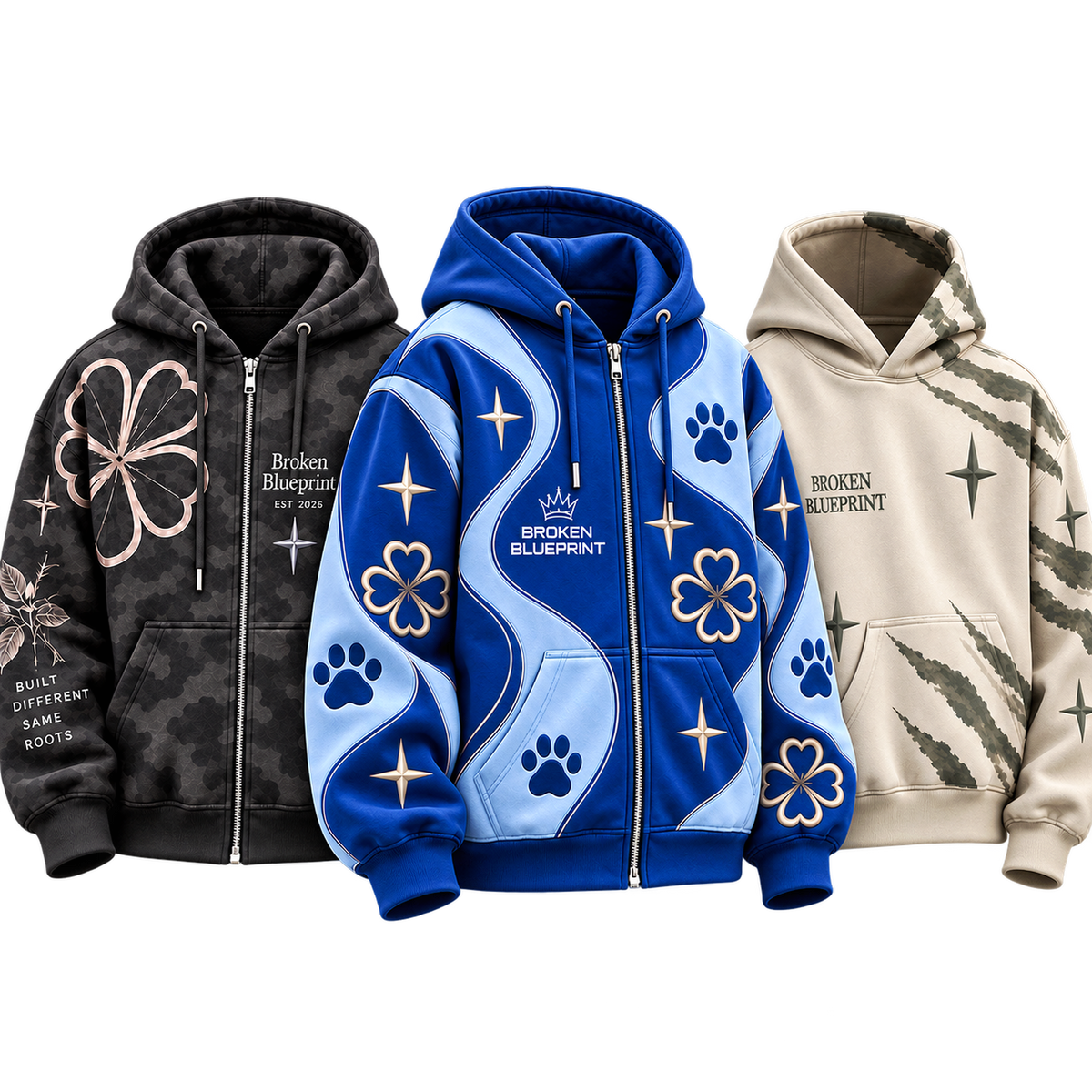 Three Broken Blueprint hoodies: black on the left, blue in the centre and cream on the right