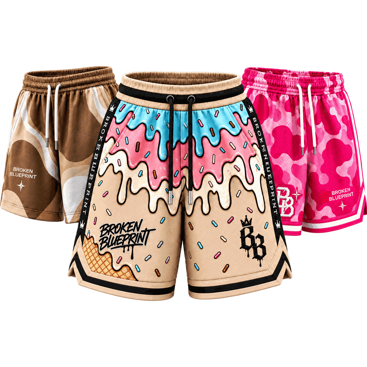 Three Broken Blueprint shorts: brown on the left, ice-cream graphics in the centre and pink on the right