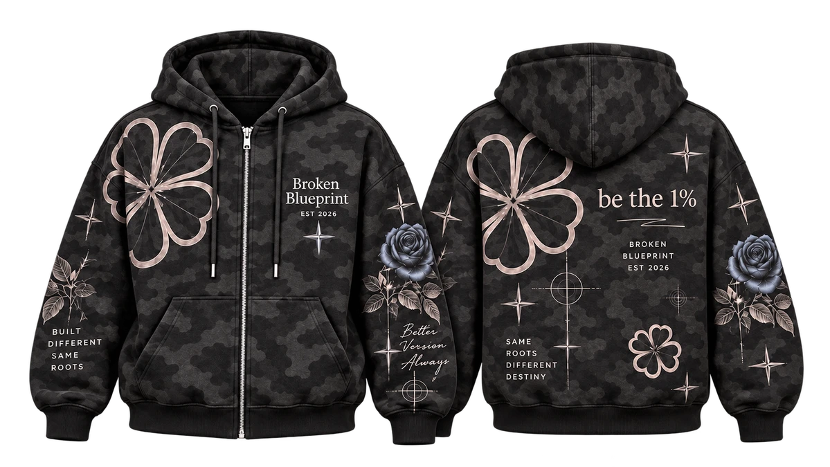 Black patterned Broken Blueprint hoodies, front and back