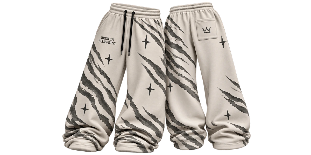 Cream Broken Blueprint trackpants, front and back